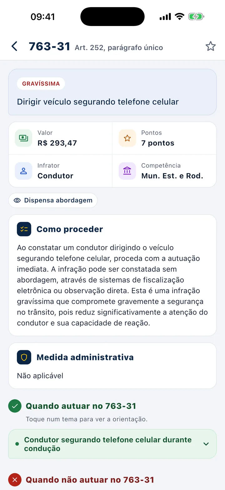 Ficha da infração 763-31, dirigir segurando celular
