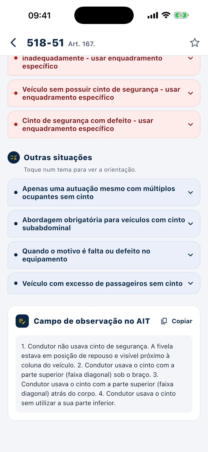 Campo de observação no AIT com botão Copiar